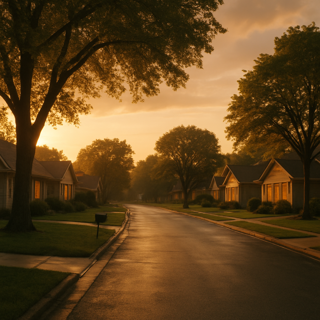 A quiet residential street at golden hour, calm after the storm